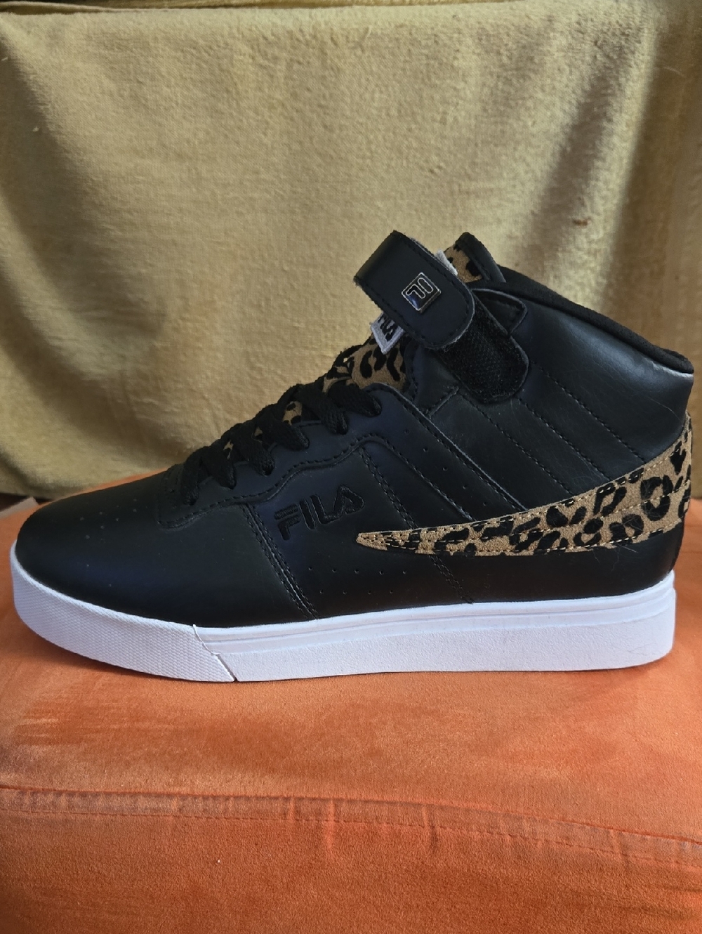 Fila Black High-Top Sneaker with Leopard Accent and White Sole Womens 8.5
